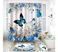 NEWSUYAA Flowers and Butterflies Shower Curtains with Rugs Bathroom Decorations Sets,4 Pcs Blue Floral Bathtub Curtain Elegant Bath Decor with Toilet Seat Cover Rug Bath Mat and Hooks (Teal)