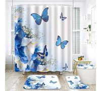 NEWSUYAA Flowers and Butterflies Shower Curtains with Rugs Bathroom Decorations Sets,4 Pcs Blue Floral Bathtub Curtain Elegant Bath Decor with Toilet Seat Cover Rug Bath Mat and Hooks (Blue 01)