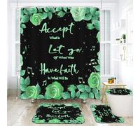 NEWSUYAA Inspirational Rose Shower Curtain Set with Bath Mat and Toilet Rug, 4-Piece Floral Bathroom Decor with Quote, Purple Blue Green Pink Teal Red Bath Decor (Green)