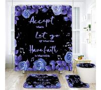 NEWSUYAA Inspirational Rose Shower Curtain Set with Bath Mat and Toilet Rug, 4-Piece Floral Bathroom Decor with Quote, Purple Blue Green Pink Teal Red Bath Decor (Indigo)