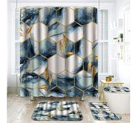 NEWSUYAA Luxury Marble Bathroom Set, 4 Piece Navy Blue and Gold Pattern Modern Bathroom Set,Marble Bath Decor includes Waterproof Shower Curtain with Bath Mat and Toilet Cover Accessories (Blue)