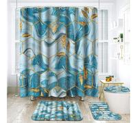 NEWSUYAA Luxury Marble Bathroom Set, 4 Piece Navy Blue and Gold Pattern Modern Bathroom Set,Marble Bath Decor includes Waterproof Shower Curtain with Bath Mat and Toilet Cover Accessories (Teal)
