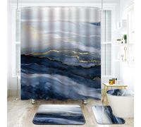 NEWSUYAA Teal Blue Marble Shower Curtain with Bath Rugs Sets, 4 Pcs Marble Bathroom Décor with Toilet Seat Cover Non-Slip Mats Absorbent Pedestal Pads and Waterproof Shower Curtains + Hooks, MB002GB