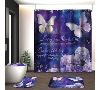 NEWSUYAA Vintage Blue Butterfly Bathroom Set, 4-Piece Bath Decor with Waterproof Shower Curtain,Non-slip Bath Mat Rugs and Toilet Lid Cover, 180 x 180 cm (Purple)