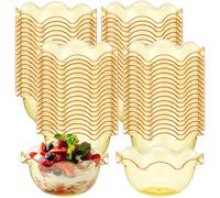 Newtay 100pcs 6oz Small Plastic Dessert Bowls Ice Cream Bowls Reusable Flower Shaped Party Serving Elegant Buffet Serving Cups for Nuts, Salad, Fruit, Snacks and Yogurt (Gold)