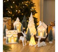 Newtay 12 Pcs Light up Christmas Ceramic Village Houses White Porcelain Christmas Trees Reindeer Figurines and Sisal Tree Desktop, LED Tabletop Holiday Figurines for Xmas Winter Mantel Decor