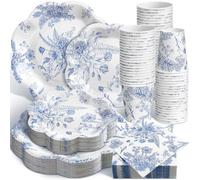 Newtay 250 Pcs Blue Floral Disposable Plates and Napkins Blue and White Floral Paper Tableware Set for 50 Guests Paper Plates Napkins Cups for Wedding Bridal Shower Party Supplies