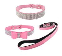 Newtensina 3pcs Dog Collar and Leash Set Suede Bling Dog Collar with Bow Tie Puppy Collar and Leash for Small Dogs Cats