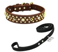 Newtensina Anti Bite Studded Dog Collar and Leash Puppy Collar with Gold Square Spike for Small Dogs Large Dogs (0018) - Brown - XS