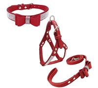 Newtensina Bowtie Dog Collar & Harness & Lead Sets Comfortable Soft Puppy Collar Diamante with Harness and Leashes Set for Dog - Red - XS