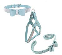 Newtensina Bowtie Dog Collar & Harness & Lead Sets Comfortable Soft Puppy Collar Diamante with Harness and Leashes Set for Dog - Blue - S