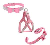 Newtensina Bowtie Dog Collar & Harness & Lead Sets Comfortable Soft Puppy Collar Diamante with Harness and Leashes Set for Dog - Pink - S
