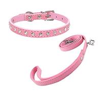 Newtensina Cute Diamante Puppy Collar and Leash Set Bling Suede Collar with Lead for Small Dogs Cats - Pink - XS