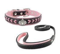 Newtensina Dog Collar and Lead Set Nylon Straps Woven Bling Collar Leather Diamante Puppy Collar with Leash for Dogs - Pink - S