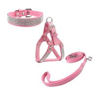 Newtensina Dog Collar & Harness & Lead Sets Fashion Dog Collar Diamante with Harness & Leashes Comfortable Soft Collar Harness and Leashes Set for Dog - Pink - M