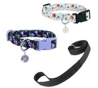 Newtensina Fashion 3 Pieces Flower Pattern Dog Leash and Dog Collar with a Petal Pendant for Medium Dogs Large Dogs (a) - PurpleWhite - L