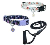Newtensina Fashion 3 Pieces Flower Pattern Dog Leash and Dog Collar with a Petal Pendant for Medium Dogs Large Dogs (c) - PurpleWhite - L