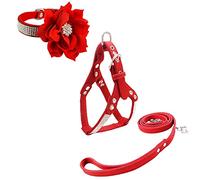 Newtensina Flower Dog Collar & Harness & Lead Sets Comfortable Soft Puppy Collar Diamante with Harness and Leashes Set for Dog - Red - M