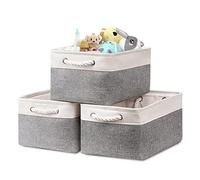 Newthinking 3 Pcs Large Storage Boxes, Fabric Storage Baskets with Handles, Foldable Home Organizer for Living Room, Laundry Room, Kids Room and Bedroom (White and Gray)