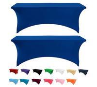 Newthinking 6FT Stretch Tablecloth for Craft, 2 Pack Spandex Stretch Table Cloth, Washable and Wrinkle Resistant Market Stall Table Cover for Banquet Folding Table Event Wedding, Blue