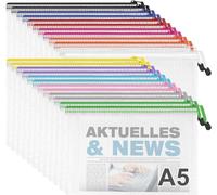 Newthinking A5 Zip Plastic Wallets, 24 PCS Mesh Zipper File Folders Lock Bags, Waterproof Document Storage Bags for School Office Travel Receipts Storage