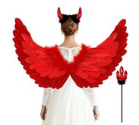 Newthinking Angel Wings and Halo for Adult, Large Halloween Devil Wings | 80x42cm, Feather Wings with Horns and Wand, Comfortable to Wear, Halloween Angel Devil Costume Cosplay, White/Red/Black