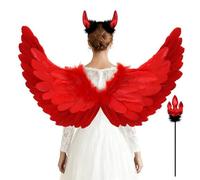 Newthinking Angel Wings and Horns for Adults, Large Red Feather Wings Halloween Angel Devil Costume Cosplay for Women, 80x42cm