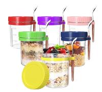 Newthinking Glass Overnight Oats Jars with Lid and Spoon, 16OZ Leak-proof Airtight Oatmeal Container with Measurement Marks for Overnight Oats Puddings, Cereal, Fruit Salad, 6 Pack