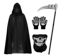 Newthinking Grim Reaper Costume for Adult, 4PCS Halloween Black Cape with Skull Mask Scythe Skeleton Gloves for Cosplay Parties Festivals Halloween