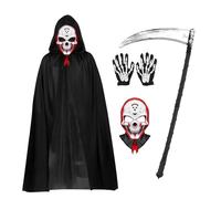 Newthinking Grim Reaper Halloween Costume Adult, 4PCS Halloween Black Cape with Skull Mask Scythe Skeleton Gloves for Cosplay Parties Festivals Halloween