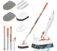 Newthinking Long Handle Floor Scrubbing Brush, 3-in-1 Bathroom Scrub Brush with Sponge Mop Head and Microfiber Pad for Floor Tile Wall