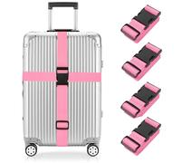 Newthinking Luggage Straps for Suitcase 4 Pack, Heavy Duty Adjustable Suitcase Bands with Buckle, Pink Luggage Identifier Belts for Travel Case, 3.8x200CM