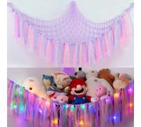 Newthinking Toy Hammock Storage Net for Stuffed Animals, Large Corner Hanging Net with LED and Tassel for Kids Bedroom Nursery, Purple