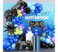 Newthinking Video Game Balloon Arch Kit, 5/10/18-inch Black Blue Purple Latex Balloons with Explosion Star Foil Balloons and Inflatable Game Controller for Gaming Party Boys Night Decor