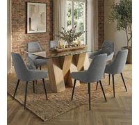 Newton Dining Set - 6 Seater - 180cm - Clear Glass and Natural - 6 Claflin Grey Fabric Chair