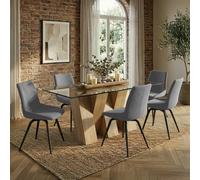 Newton Dining Set - 6 Seater - 180cm - Clear Glass and Natural - 6 Malcom Grey Fabric Swivel Chair