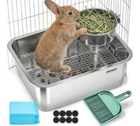NEWTRY Stainless Steel Small Rabbits Litter Box, Guinea Pig Litter Tray with Raised Sifting Tray & Portable Broom & Hanging Food Bowl, Metal Litter Pan High Side for Bunny, Easy Clean, Odor Control