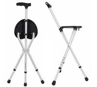 newuzis Crutch Stool, 440LBS Lightweight Aluminum Alloy Folding Cane with LED Light, 5-Level Height Adjustable T-Grip Walking Stick Seat for Seniors Indoor Outdoor (white)