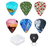 NEWWAVNO Guitar Picks 6-Pack Thin, Medium Heavy Plastic Picks Box and Leather Key Chain Pick Holder Artistic Pattern Best Memorial Gifts for Acoustic Guitar Lovers (Oil paint, 0.71mm)