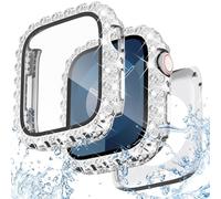 NewWays 2 in 1 Waterproof Bling Case for Apple Watch 40mm Screen Protector SE Series 6 5 4, Lace Full Glitter Diamond Rhinestone Bumper Face Cover for iWatch Women 40 mm, Silver