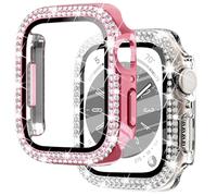 NewWays 2-Pack for Apple Watch Bling Cases Screen Protector 44mm Series 4 5 6 SE, Bling Crystal Diamonds Rhinestone Bumper Hard PC Thin Protective Cover for iWatch, Pink/Clear