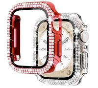 NewWays 2-Pack for Apple Watch Bling Cases Screen Protector 45mm Series 7 8 9, Bling Crystal Diamonds Rhinestone Bumper Hard PC Thin Protective Cover for iWatch, Red/Clear