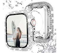 NewWays 2 Pack Waterproof Bling Case for Apple Watch 41mm Screen Protector Series 9 8 7,Women Glitter Diamond Bumper Sparkly Face Cover for iWatch 41mm(Silver/Clear)