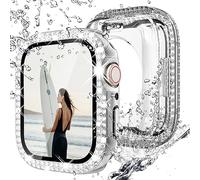 NewWays 2 Pack Waterproof Bling Case for Apple Watch 41mm Screen Protector Series 9 Series 8 Series 7,Women Glitter Diamond Rhinestone Bumper Sparkly Face Cover for iWatch 41mm,Silver/Clear