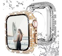 NewWays 2 Pack Waterproof Bling Case for Apple Watch 45mm Screen Protector Series 9 8 7,Women Glitter Diamond Bumper Sparkly Face Cover for iWatch 45mm(Rose gold/Clear)