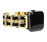 NewWays Compatible for Apple Watch Band Series 8 Series 7 41mm 40mm SE Series 6 5 4 3 38mm Jewelry Bracelet for iWatch Band Womens, Gold Link with Black Leather