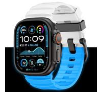 NewWays Sports Rugged Silicone Rubber Band for Apple Watch Ultra 2 49mm Series 10 46mm 45mm 44mm, Rocky Point Band for iWatch Ultra Series 10 9 8 7 6 5 4 SE, White (Glow Blue) with Black Hardware