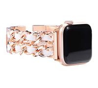 NewWays Women Metal Strap Compatible for Apple Watch 46mm 45mm 44mm 42mm(Series 3 2 1),Stainless Steel Link Bracelet for iWatch Series 10/9/8/7/6/5/4/3/2/1/SE,Rosegold Link with White Leather