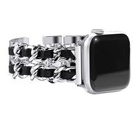 NewWays Women Metal Strap Compatible for Apple Watch 46mm 45mm 44mm 42mm(Series 3 2 1),Stainless Steel Link Bracelet for iWatch Series 10/9/8/7/6/5/4/3/2/1/SE,Silver Link with Black Leather