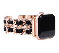 NewWays Women Metal Strap Compatible for Apple Watch 46mm 45mm 44mm 42mm(Series 3 2 1),Stainless Steel Link Bracelet for iWatch Series 10/9/8/7/6/5/4/3/2/1/SE,Rosegold Link with Black Leather